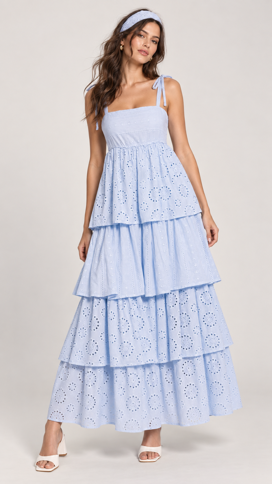 Missan Backless Long Ruffle Dress in Blue - front view