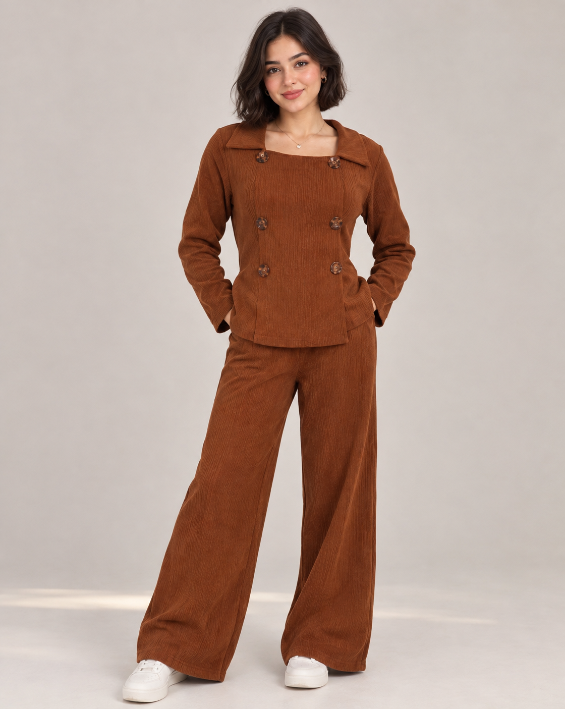 Two-piece set featuring a long-sleeve, double-breasted top with 6 buttons and wide-leg trousere