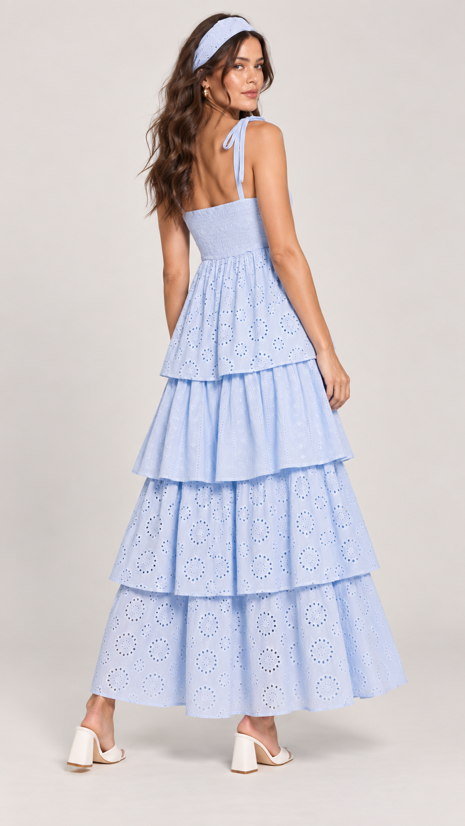 Missan Backless Long Ruffle Dress in Blue - back view