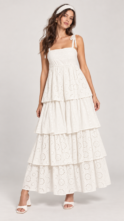 Missan Backless Long Ruffle Dress in White - alternate front view