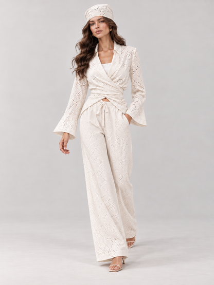 Missan Guipure Suit with Button-Back Detail in White - walking view