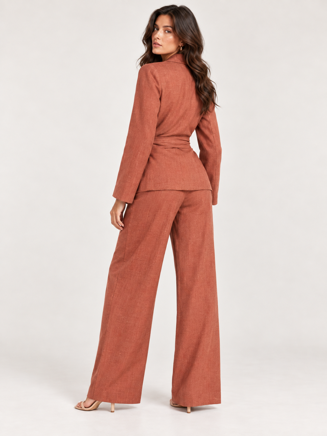 Missan Linen Suit with Cross-Over Details in Brown - back view