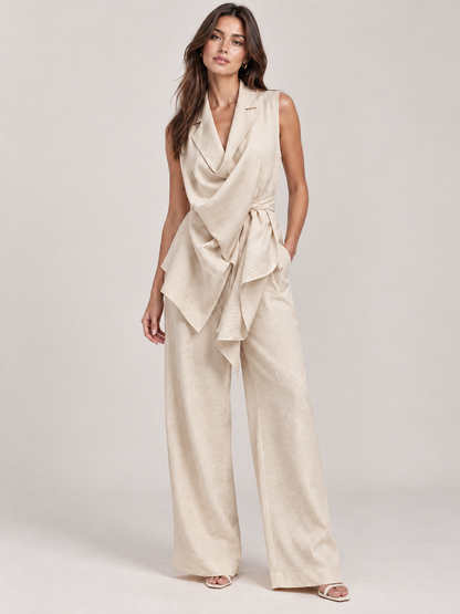 Missan Suit with Scarf Detail, Belt and Tailored Trousers in Beige