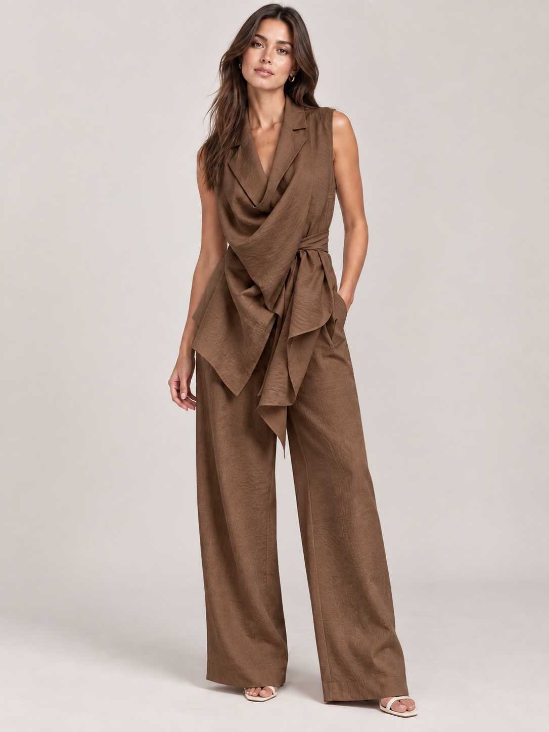 Missan Suit with Scarf Detail, Belt and Tailored Trousers in Brown