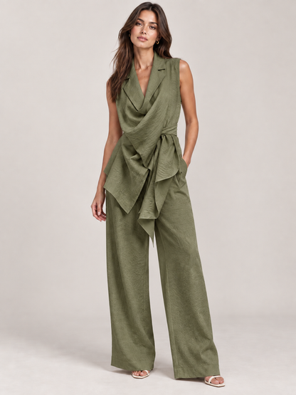 Missan Suit with Scarf Detail, Belt and Tailored Trousers in Olive