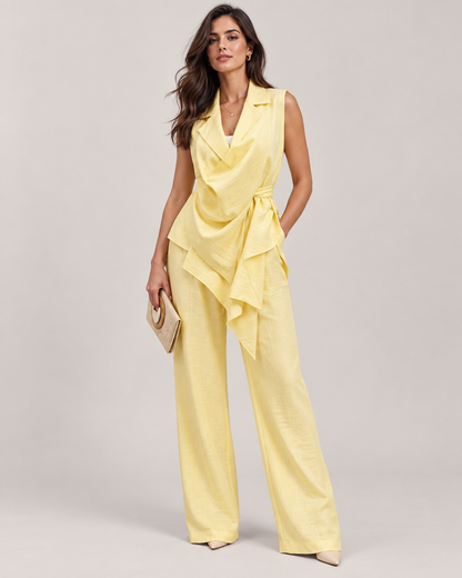 Missan scarf detail linen suit in Yellow on unified greige studio background